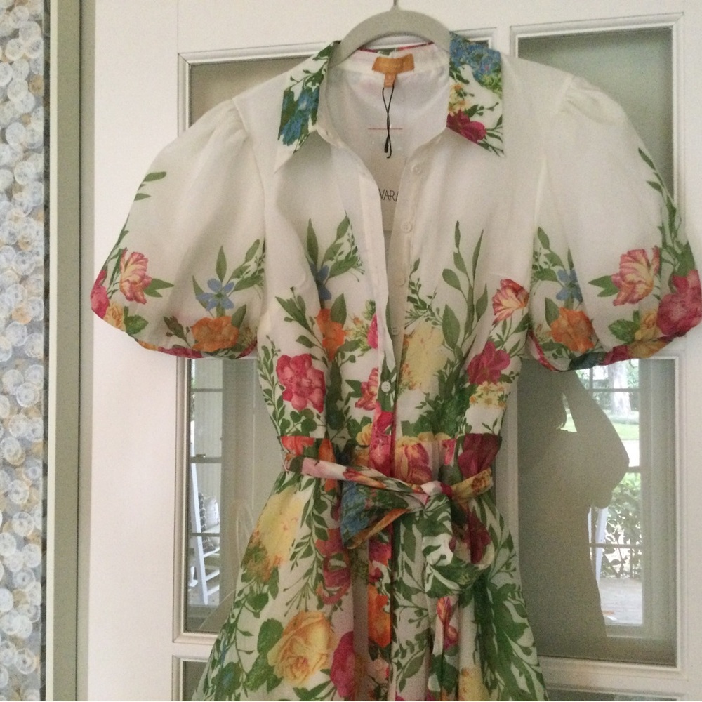 Floral Puff-Sleeve Shirt Midi Dress - White with Multi-Color Floral Print